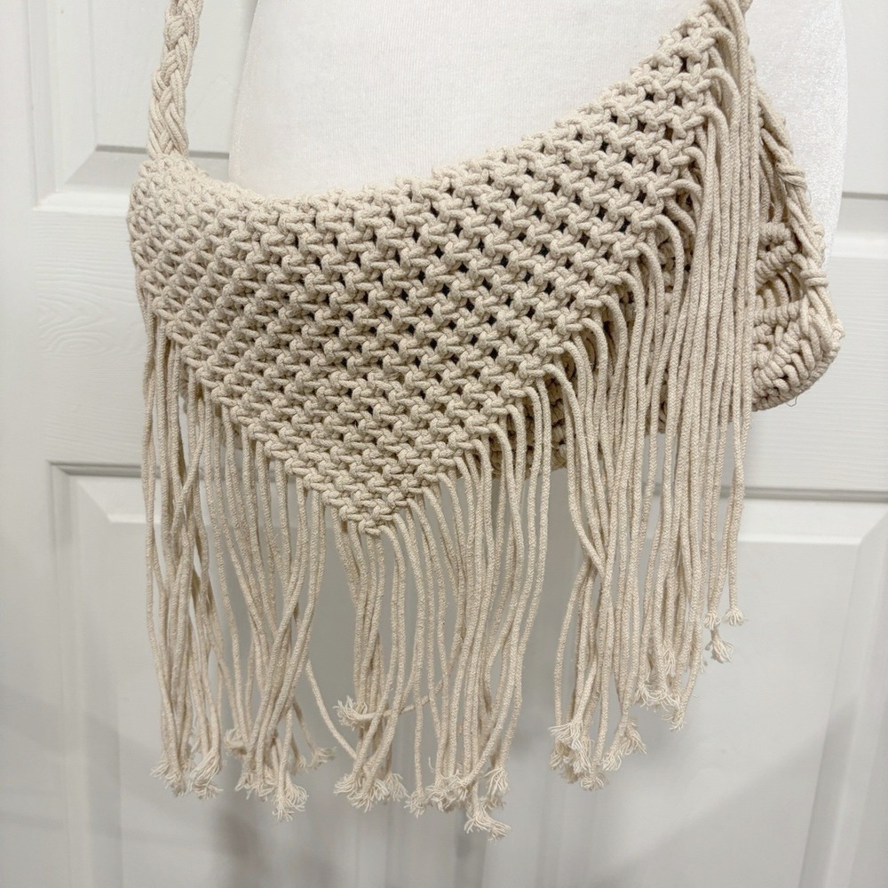 Crosstree Lane Fringe Macrame Crossbody Bag Natural Cotton Boho Hippie Cottage
